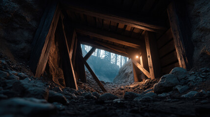 Naklejka premium Old wooden mine entrance dim light rocky tunnel forest light foggy dusk