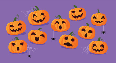 Wide collection of twelve carved jack o lantern pumpkins with various funny and spooky facial expressions for Halloween.