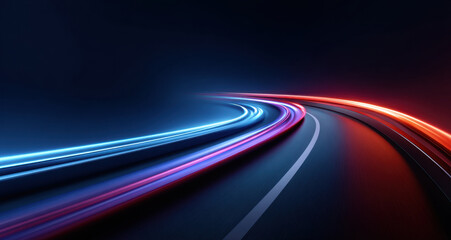 Fototapeta premium Abstract blue and red light trail motion blur glowing highway curve neon streak futuristic road speed night long exposure dark background dynamic energy