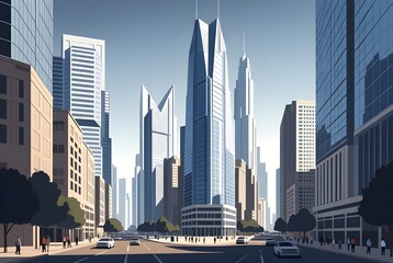 Naklejka premium Modern cityscape with sleek skyscrapers and busy street