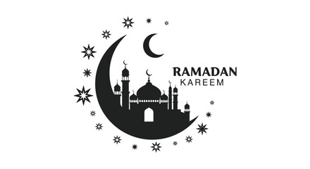 A striking black silhouette depicts a crescent moon mosque and stars celebrating the islamic month of ramadan silhouette © AL-AMIN