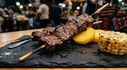 Grilled Beef Heart Anticuchos with Potatoes and Corn