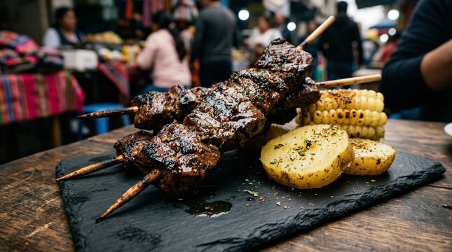 Grilled Beef Heart Anticuchos with Potatoes and Corn