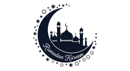 A dark crescent moon with a mosque and stars welcomes ramadan kareem a striking silhouette high quality professional © AL-AMIN