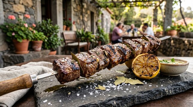 Traditional Madeira Beef Espetada on Metal Skewer with Garlic