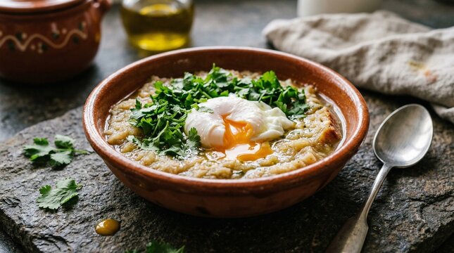 Traditional Portuguese Acorda Bread Soup with Poached Egg and Cilantro