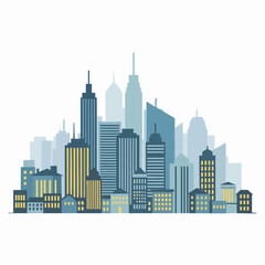 Obraz premium Modern blue and yellow city skyline illustration with tall skyscrapers and contemporary buildings in a stylized vector design for urban visuals