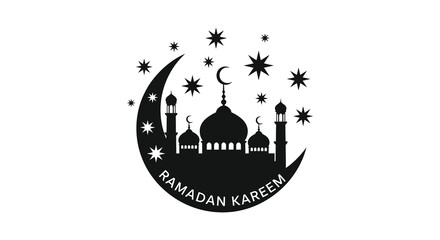 A crescent moon and mosque illustration celebrates ramadan kareem with a striking black silhouette high quality professional detailed © AL-AMIN