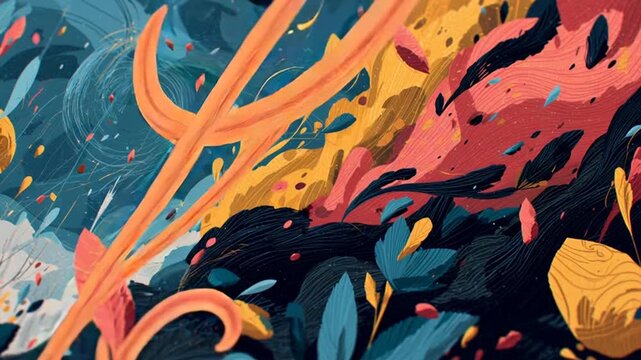 Vibrant abstract illustration of colorful leaves and flowers in dynamic motion, creating a lively atmosphere with swirling patterns and bold colors.
