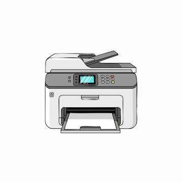 Modern cartoon-style printer with scanner and paper in tray illustration of office equipment for print job digital device for commercial use