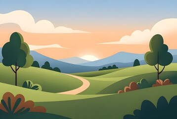 Obraz premium Serene landscape with rolling hills and sunset