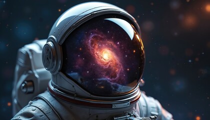 Fototapeta premium Astronaut helmet reflects galaxy spiral. Space exploration, cosmos, universe. Stars, nebulae shine in dark sky. Futuristic adventure, discovery.