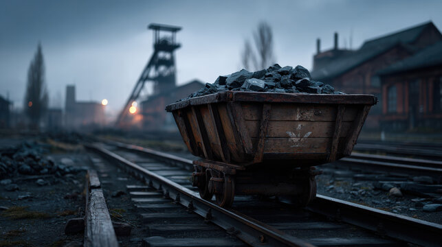 Old rusted mining cart on dilapidated tracks half filled with coal, moody industrial site at dusk with headframe and factory buildings blurred in background, atmospheric and gritty