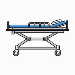 Metal hospital gurney vector illustration in outline style; emergency medical stretcher with wheels for patient transport isolated on white
