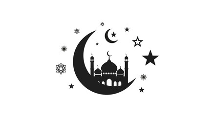 A striking black silhouette depicts a crescent moon stars and a mosque complex evoking islamic themes silhouette © AL-AMIN