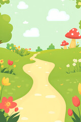 Obraz premium Springtime Meadow Path with Flowers and Mushrooms