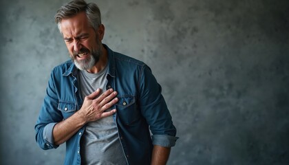 Fototapeta premium Bearded man clutches chest in pain. Experiencing heart distress symptoms like pressure or ache. Needs urgent medical attention for health problem. Suffering from discomfort.