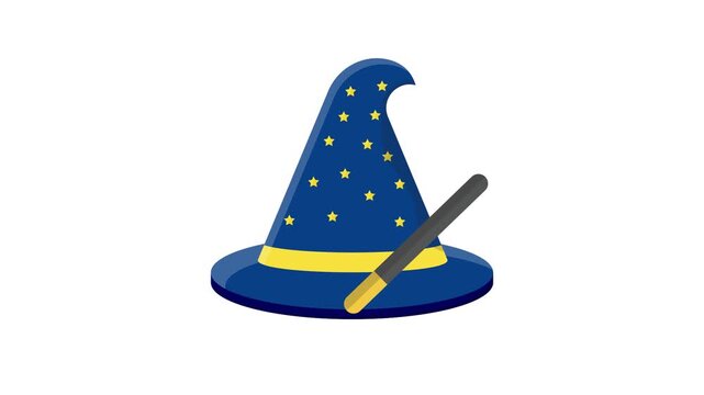 A blue wizard hat with a wand and scattered stars, symbolizing magic and fantasy.