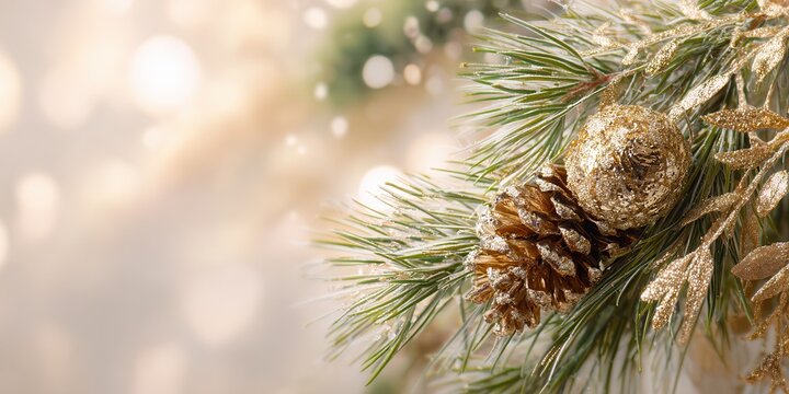 Primo piano di pigna dorata e decorazioni su rami di pino con sfondo bokeh caldo per Natale.