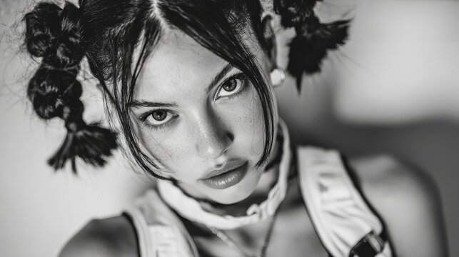 1990s raver woman in tracksuit and hair bunches, white vest on white backdrop, high-contrast black and white fashion portrait, bold punk style, rebellious elegance

