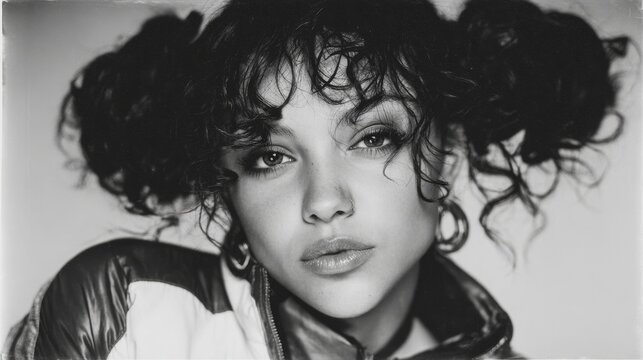 1990s raver woman in tracksuit and hair bunches, white vest on white backdrop, high-contrast black and white fashion portrait, bold punk style, rebellious elegance
