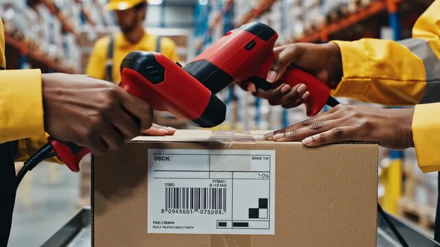 Warehouse workers scanning box