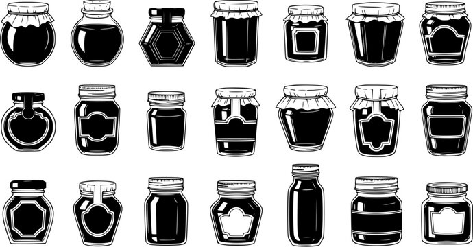 Vintage Jar Collection. Black and white vector illustrations of various glass containers for jam, honey, and preserves, featuring diverse shapes, labels, and lid styles.