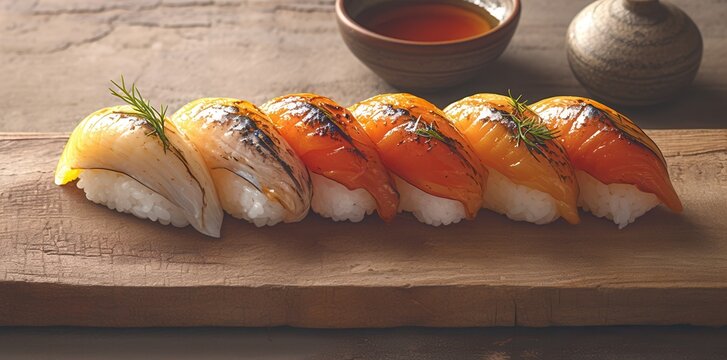 Cinque pezzi di nigiri sushi con pesce fresco su tagliere di legno rustico, pronto per essere gustato.