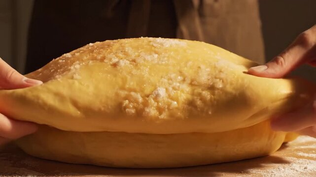 Close-up of tender brioche dough being stretched and folded, dusted lightly with sugar, showcasing the baking preparation process