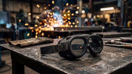 Welding goggles on a workbench in an industrial setting with sparks flying in background