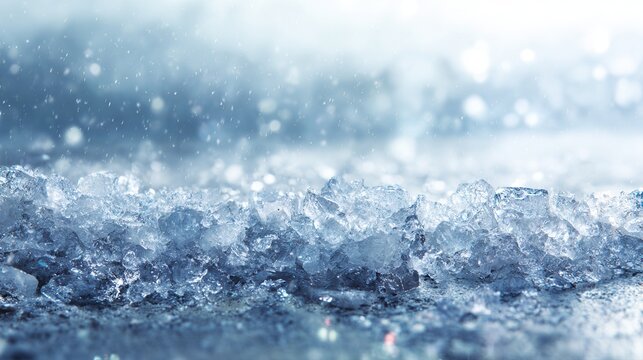 Primo piano di cristalli di ghiaccio tritato e scintillante con sfondo sfocato e luminoso blu ghiaccio.