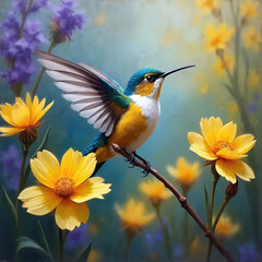 Obraz premium Tiny hummingbird with iridescent feathers pauses on branch mid-flight. Small bird in motion surrounded by bright yellow and soft purple flowers. Nature scene with vibrant colors.