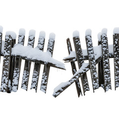 Snow-covered wooden fence isolated on transparent background