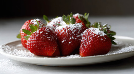 Close Up Still Life of Ripe Strawberries on a Ceramic Plate