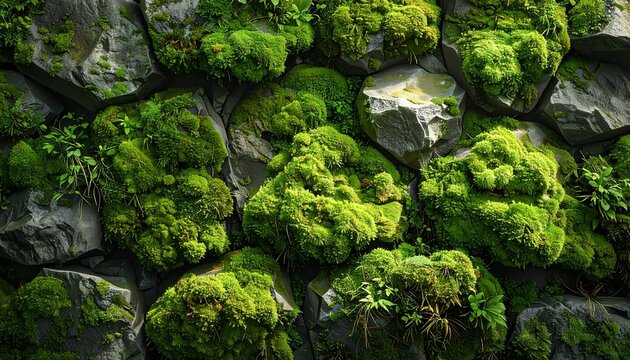 Moss covered rocks forming a natural stone wall with lush greenery