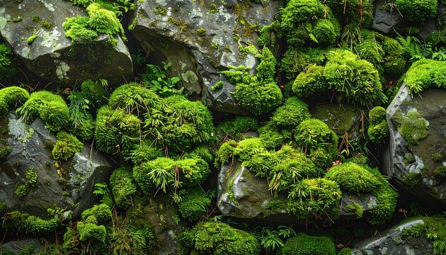 Moss covered rocks forming a lush green natural stone wall or rocky cliff face