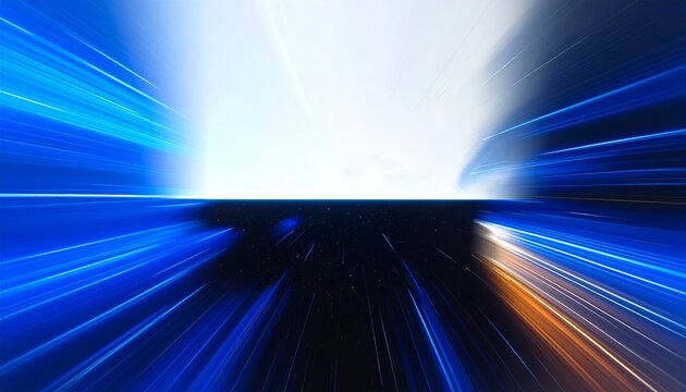 Effetto scia luminoso blu astratto, velocit&agrave; ipersonica in un tunnel futuristico di luce intensa.