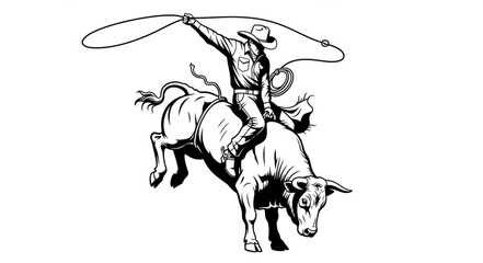 Cowboy riding a bucking bull with a lasso. © Rendi