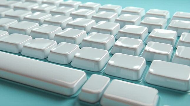 A close-up view of a sleek, modern, keyboard layout with smooth, white keys arranged in neat rows on a soft-colored surface. The focus is on the keys