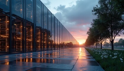 Naklejka na ściany i meble Modern glass building facade with glowing server racks inside. Exterior view of data center at sunset with paved walkway and green lawn. Tech infrastructure with lights reflecting on wet pavement.