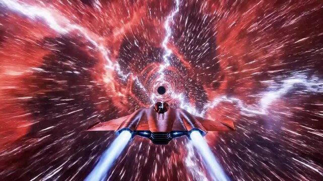 A futuristic spaceship zooms through a vibrant, swirling tunnel of red and blue lights, evoking a sense of high-speed travel through space