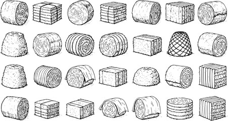 Set of various hand-drawn hay bales and stacks, showcasing different forms of harvested dry grass for agriculture and farming, in a black and white line art style. © victoria