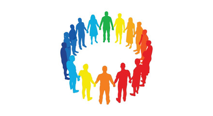A diverse group of people holding hands in a colorful circle representing unity and community silhouette high quality