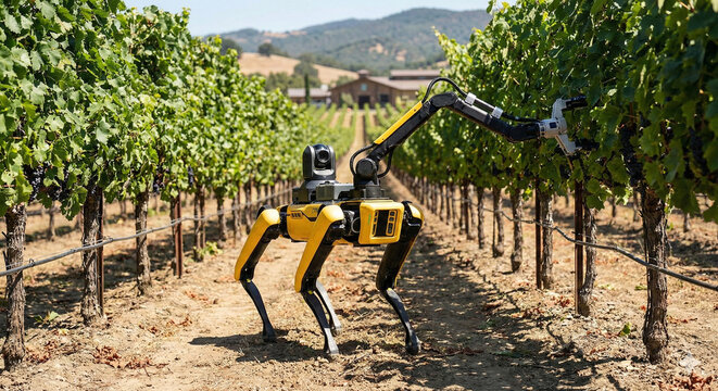 Yellow quadruped robotic dog with mechanical arm and camera sensors patrolling vineyard rows, autonomous AI robot scanning grapevines for smart viticulture technology.