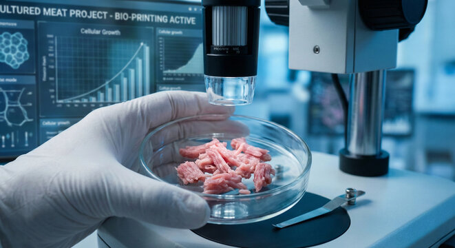 Scientist holding petri dish with lab-grown cultured meat under microscope in high-tech laboratory, alternative protein and cellular agriculture research for future food security.
