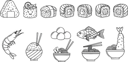 Sushi and Japanese Food Line Icon Set with Seafood, Ramen, and Traditional Asian Cuisine Illustrations © Hossain