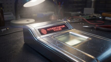 Fototapeta premium Examining a device with warning screen on a workbench under a lamp, low view