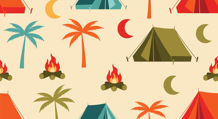 Camping vector pattern with tents, palm trees, campfires, and moon seamless background © azad