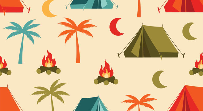 Camping vector pattern with tents, palm trees, campfires, and moon seamless background