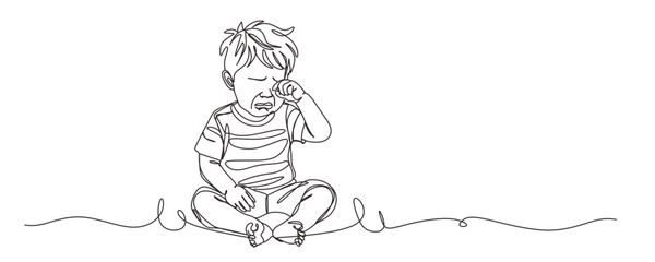 continuous single line drawing of sad or frustrated toddler boy sitting on floor hiding face behind hands  line art vector illustration